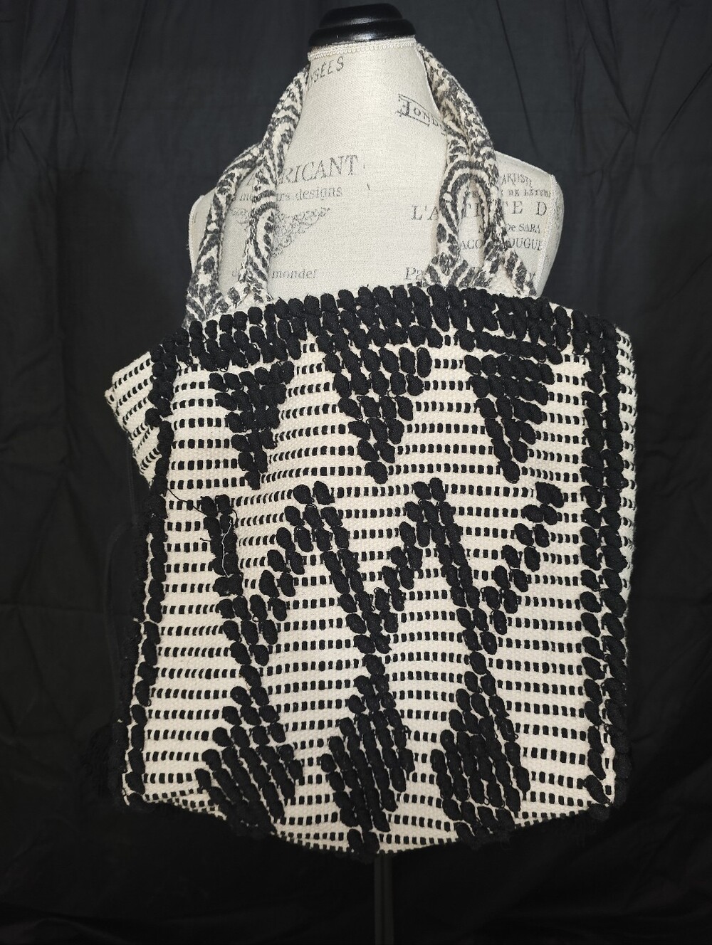 Love Stitch Black & White Woven Geometric Tote